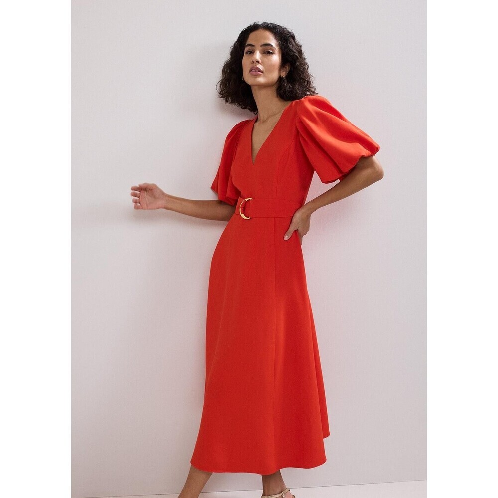 Phase Eight Zarah Dress Womens 4 Red Puff Sleeve Belt V Neck Maxi Party Wedding